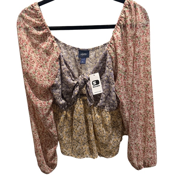 Buckle Tops - Daytrip Keyhole Mixed Boho Floral Pink Purple Yellow Blocked Peasant Top NWT